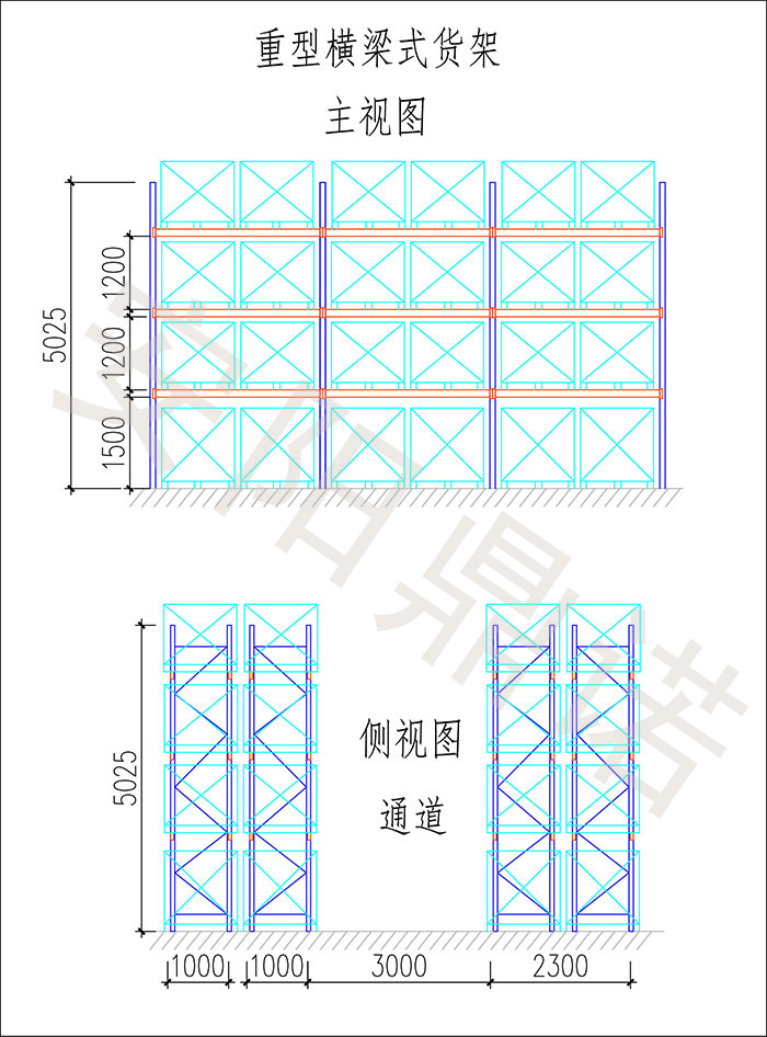 橫梁式貨架主視圖、側視圖